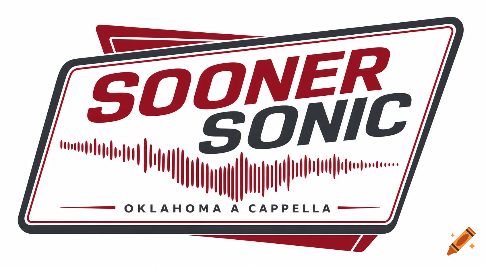 A white, red, and charcoal grey logo for Sooner Sonic Oklahoma A Cappella, featuring a sound wave graphic within a slanted sign.
