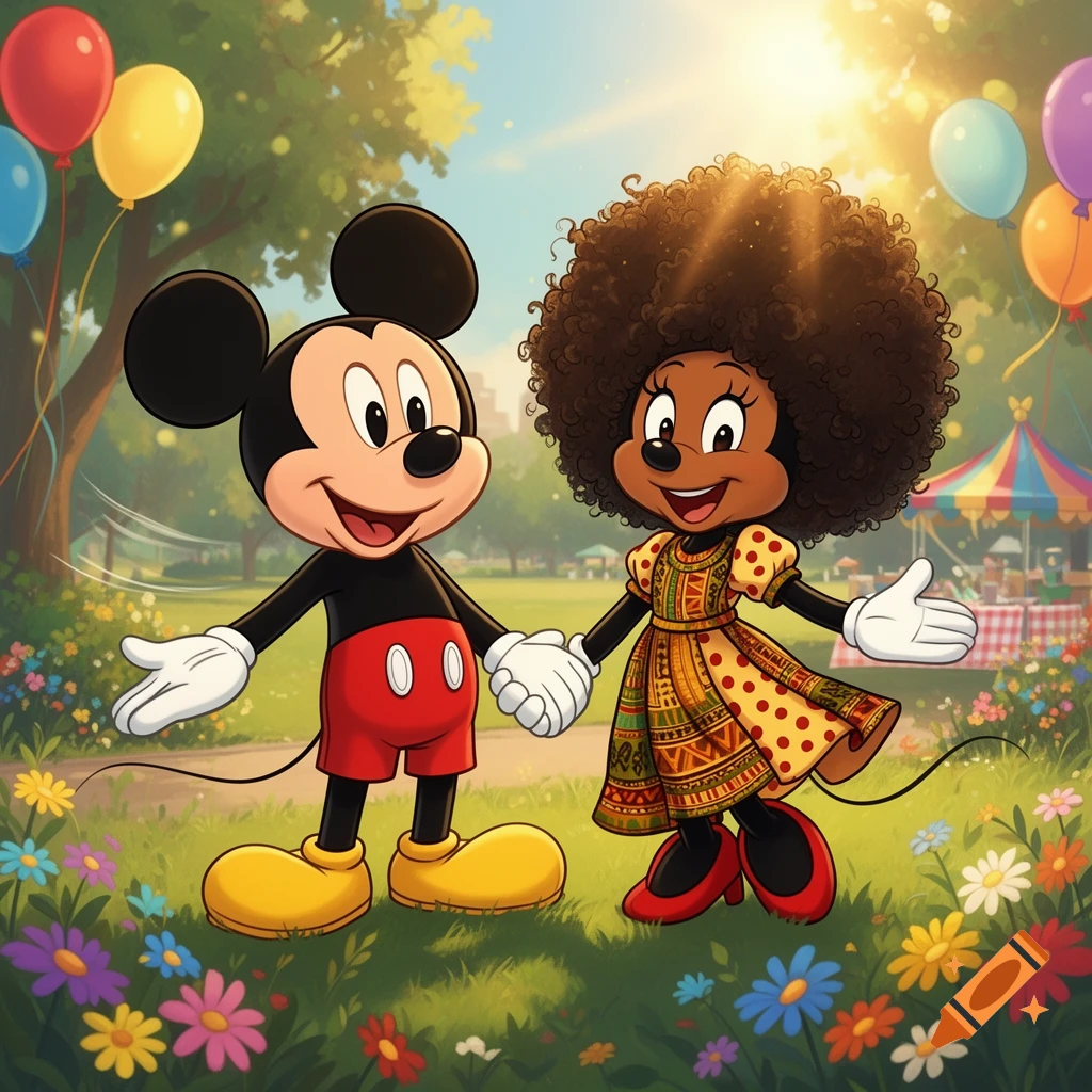 Mickey Mouse and an Afro Minnie Mouse character hold hands in a sunny park filled with colorful flowers and balloons.