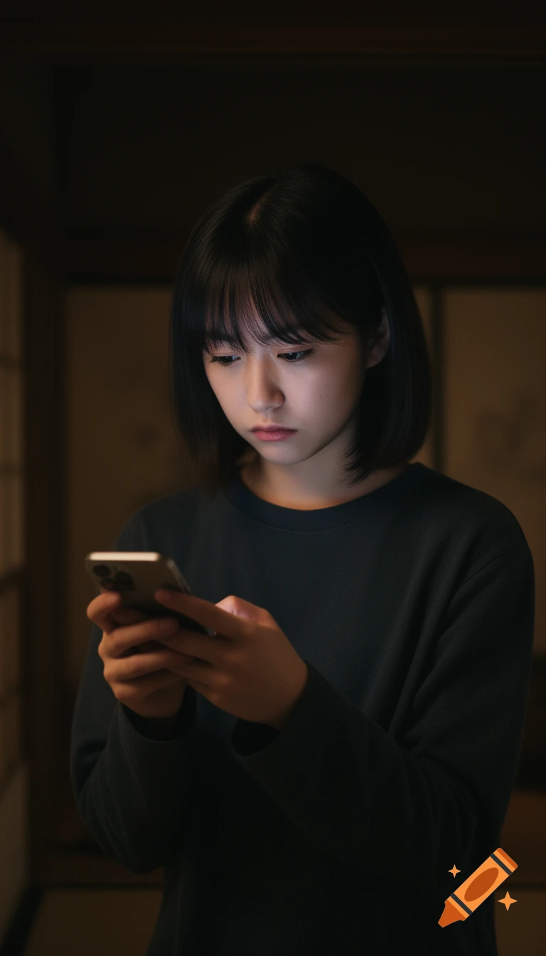 A young Japanese person with short dark hair looks at their smartphone with a sad expression in moody, dim indoor lighting.