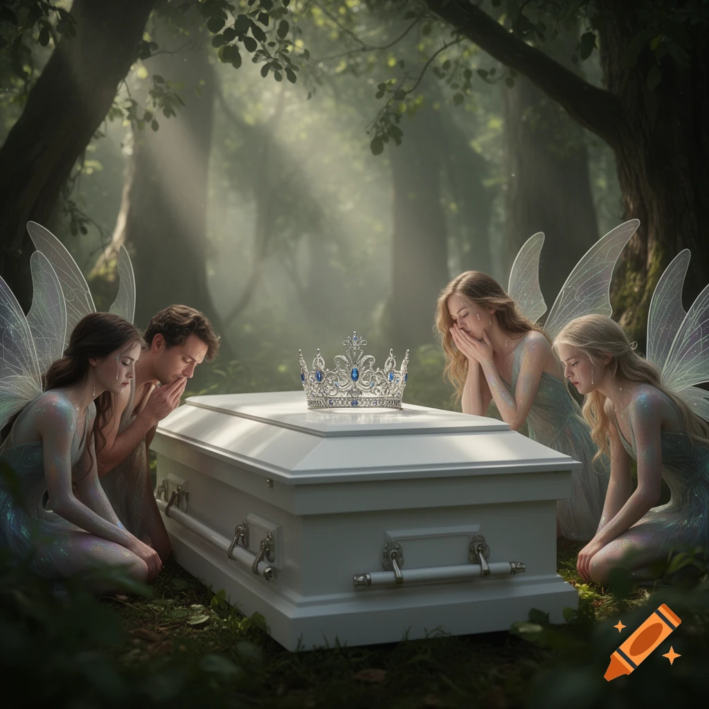 Fairies and a man mourn a white coffin with a crown on top in a misty, sunlit forest. Photorealistic fantasy art.