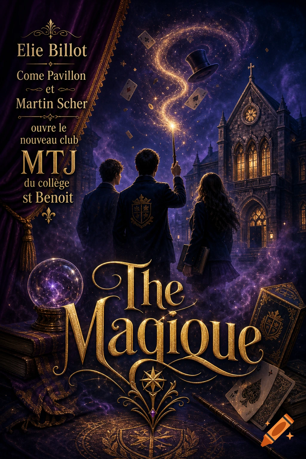 Three students in uniform stand before a gothic school building at night. One student casts a spell with a glowing wand, conjuring a top hat and playing cards. Magical items like a crystal ball and old books are in the foreground, with text identifying it as a club at St. Benoit College.
