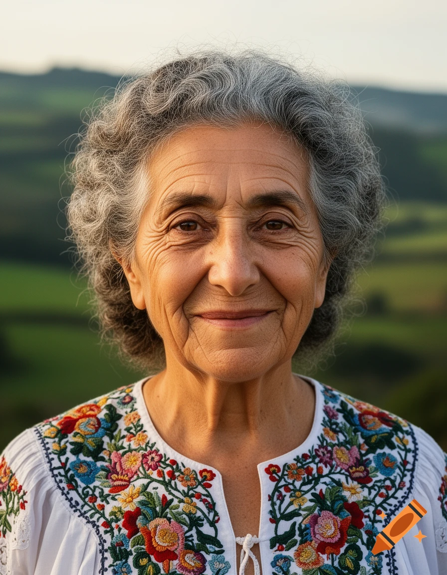 Portrait of a smiling older woman with grey curly hair wearing a white embroidered shirt with colorful flowers, against a green hilly background.