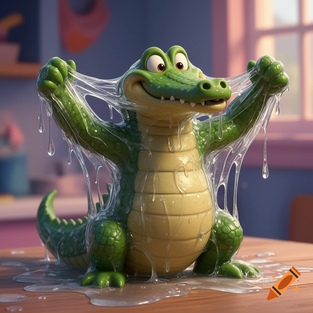 A cartoon alligator, in 90s Disney Afternoon style, covered in clear, stretchy slime, pulling it upwards on a wooden surface.
