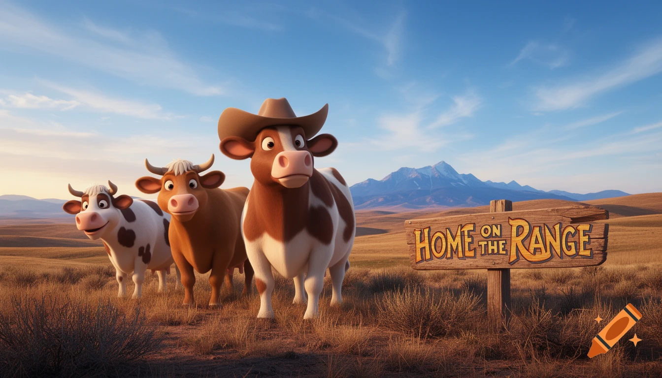 Three cartoon cows, one in a cowboy hat, stand in a sunny field with a 'HOME ON THE RANGE' sign and mountains.