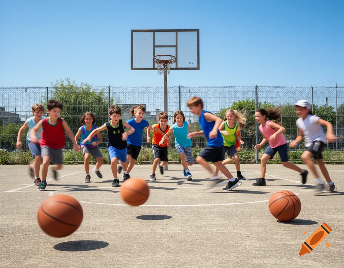 A group of children run across an outdoor basketball court with three basketballs on the ground, under a clear blue sky.