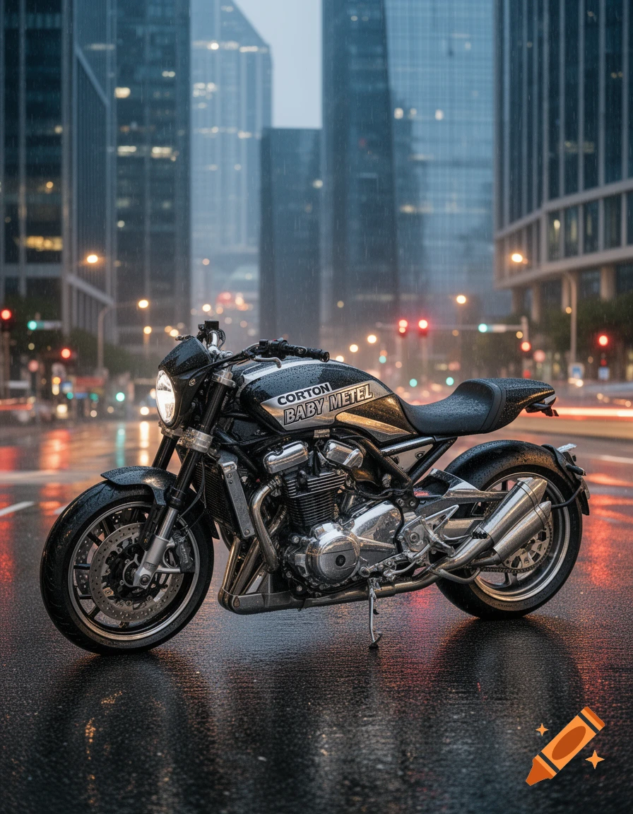 A black and silver motorcycle parked on a wet city street at night, with blurred lights and skyscrapers in the background.