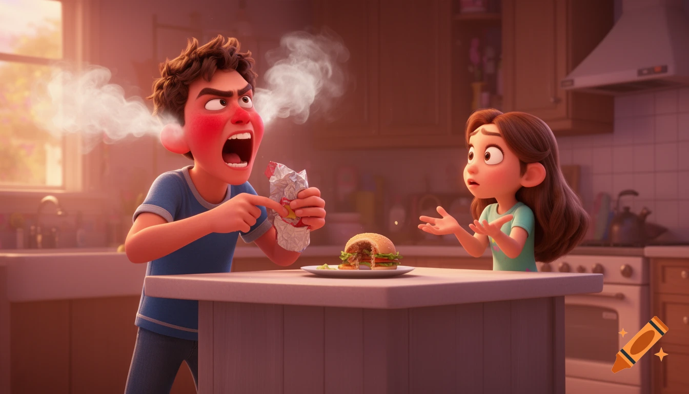 An angry cartoon boy with steam from his ears yells at his confused sister in a kitchen, holding an empty wrapper next to a half-eaten burger.