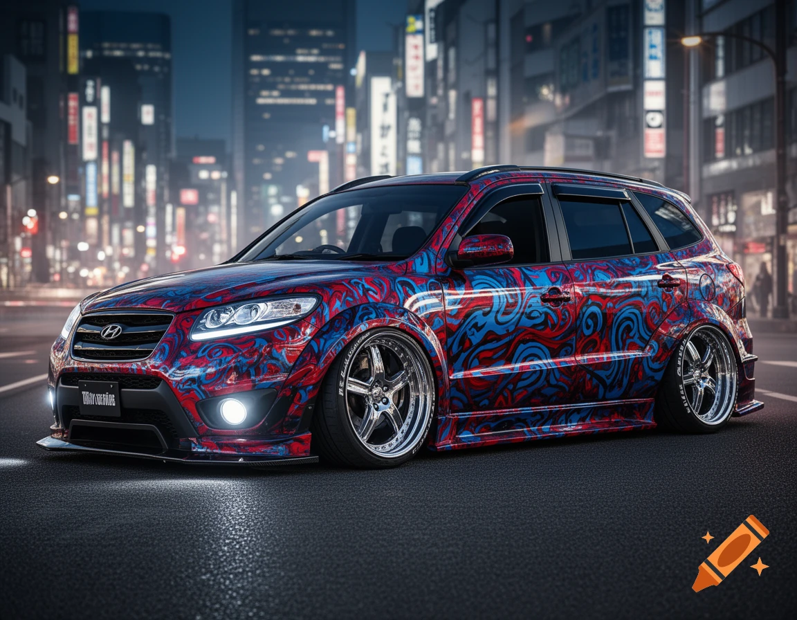 A customized Hyundai Santa Fe with red and blue swirl paint, lowered suspension, and custom wheels, on a city street at night.