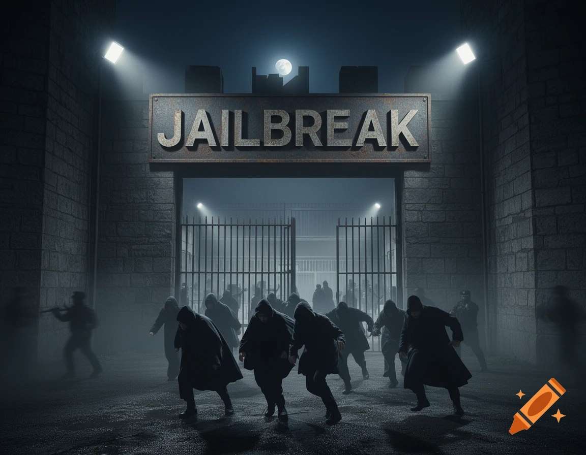 A dark, dramatic scene of figures in hooded cloaks running from a prison gate with a 'JAILBREAK' sign, lit by spotlights and moonlight.
