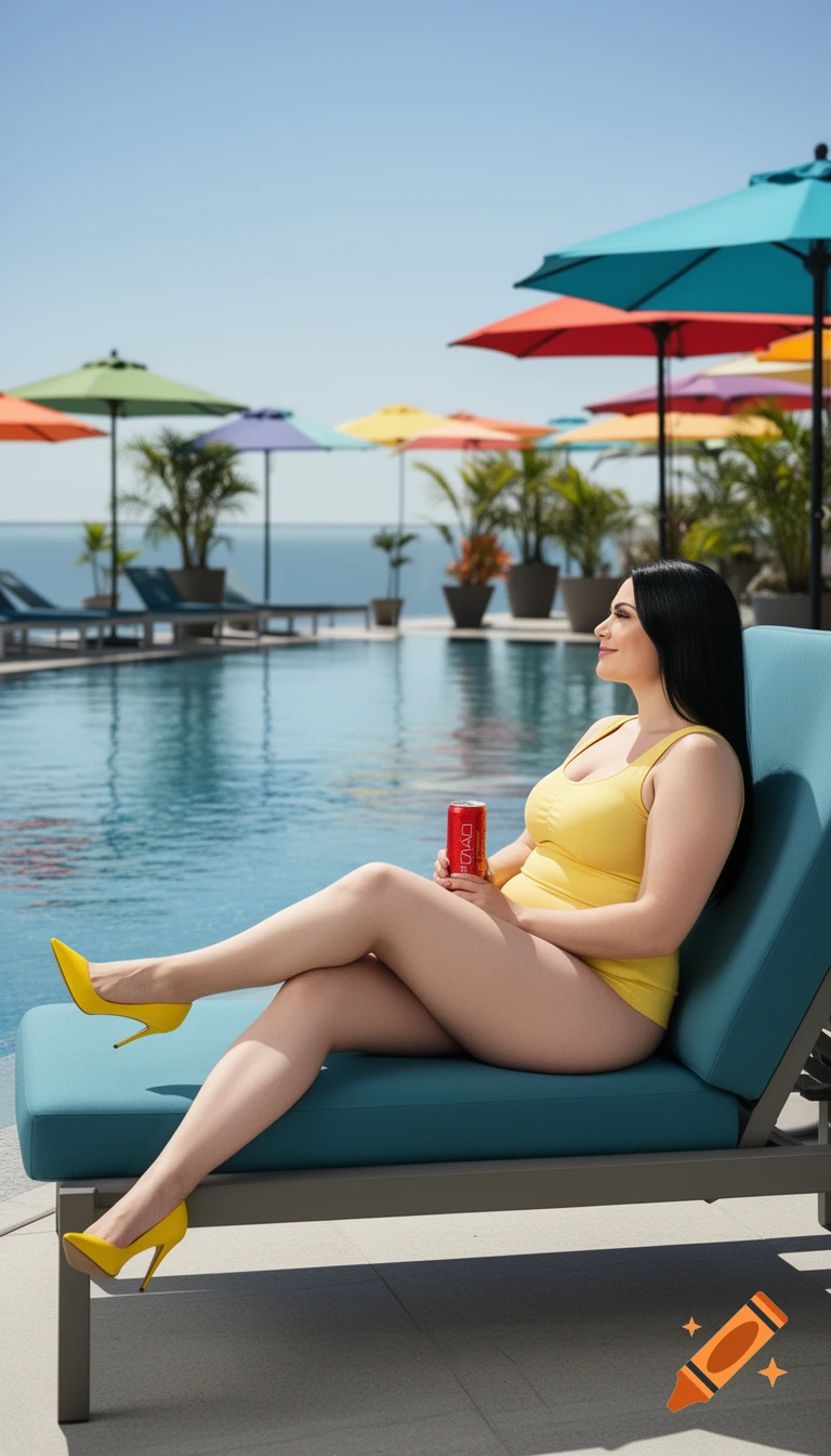 A woman in a yellow swimsuit and heels relaxes on a lounge chair by a sunny pool with colorful umbrellas, holding a red can.