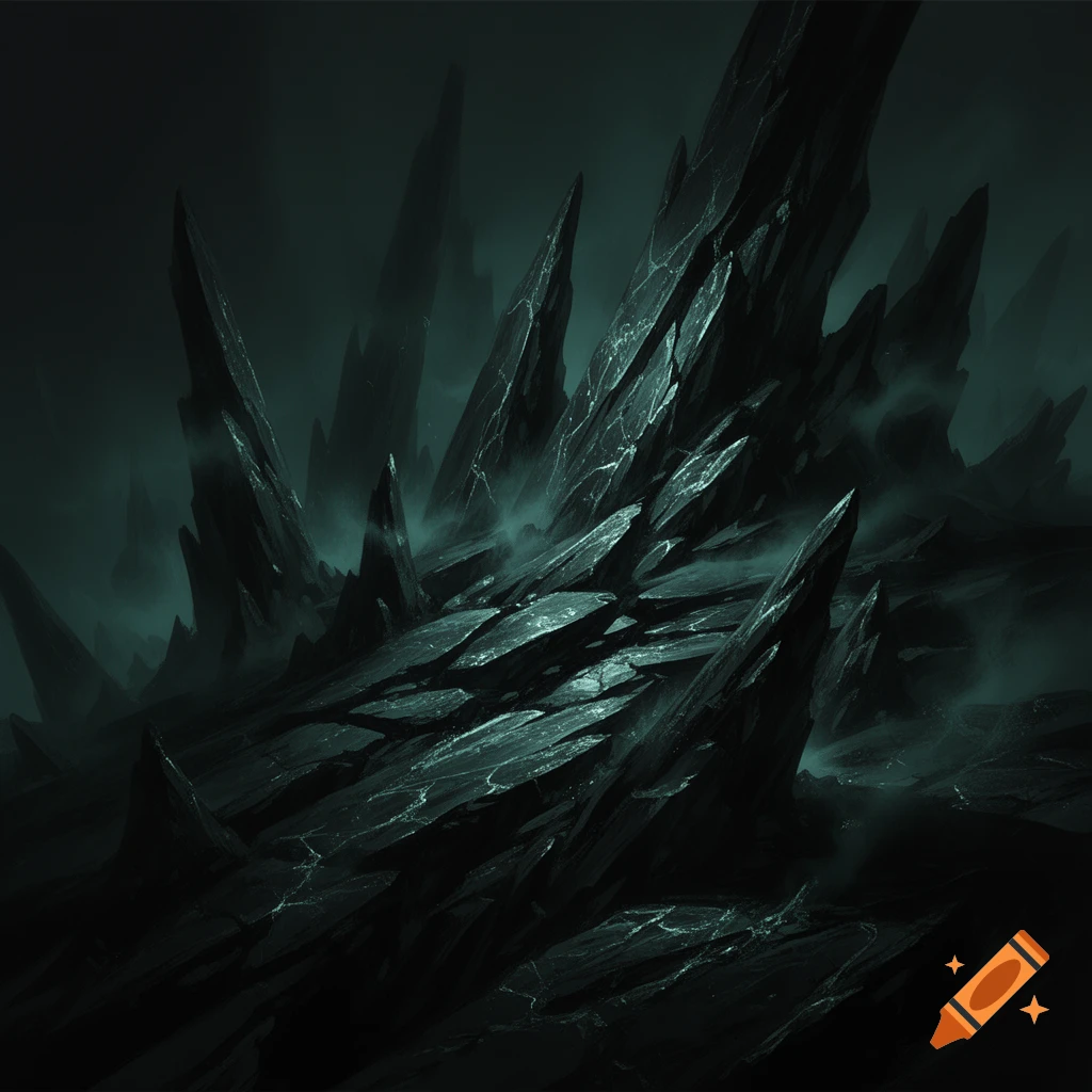 A dark, mystical landscape with sharp, jagged black rock formations and subtle petrol-colored highlights, shrouded in ethereal mist.