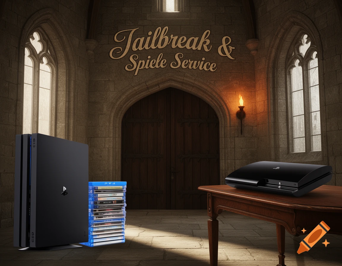 A PlayStation 4 Pro and game discs next to a PlayStation 3 Slim on a table in a stone castle room. Text reads 'Jailbreak & Spiele Service'.