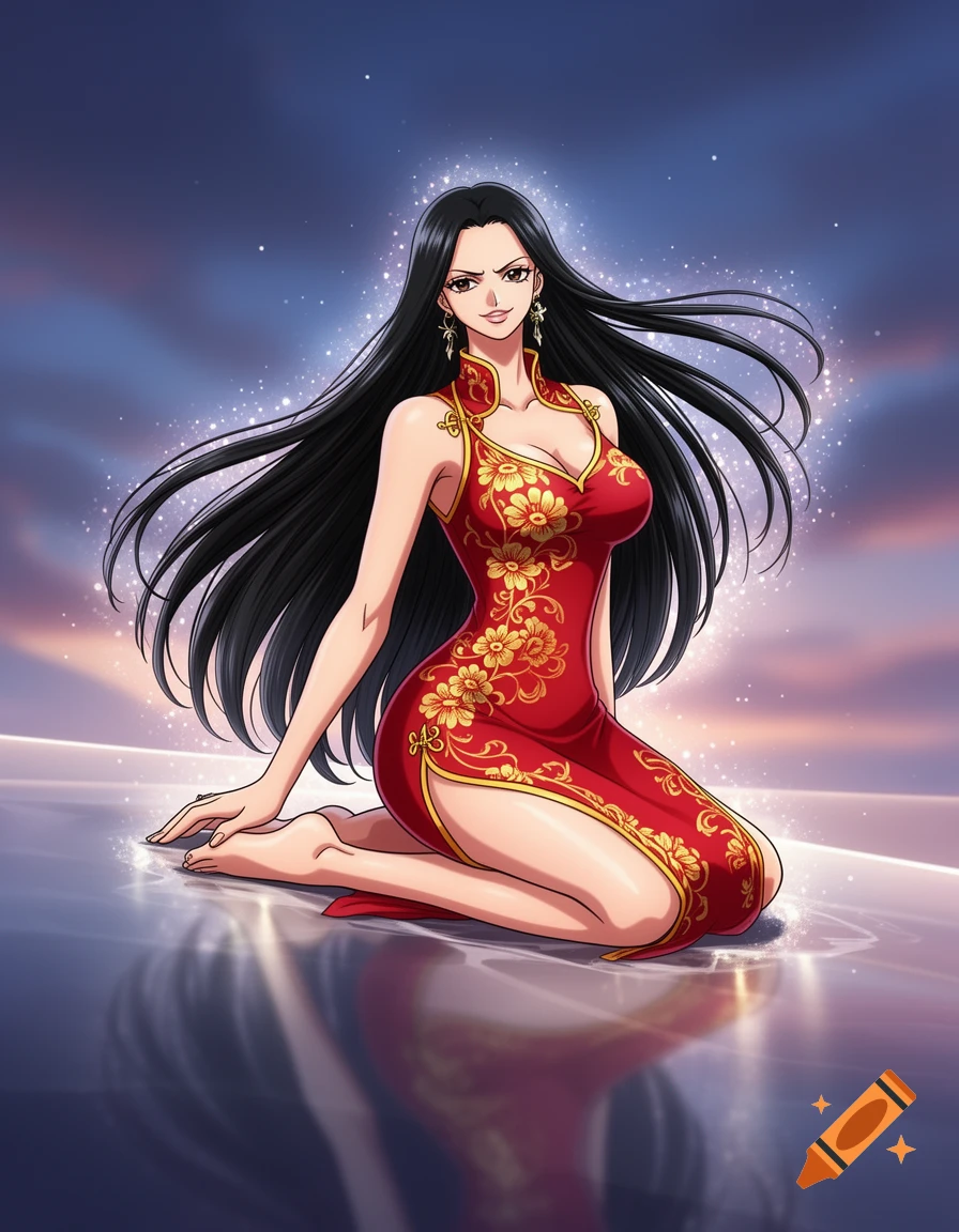 An anime woman with long black hair, wearing a red and gold cheongsam, kneels on a reflective surface with a sparkling aura.