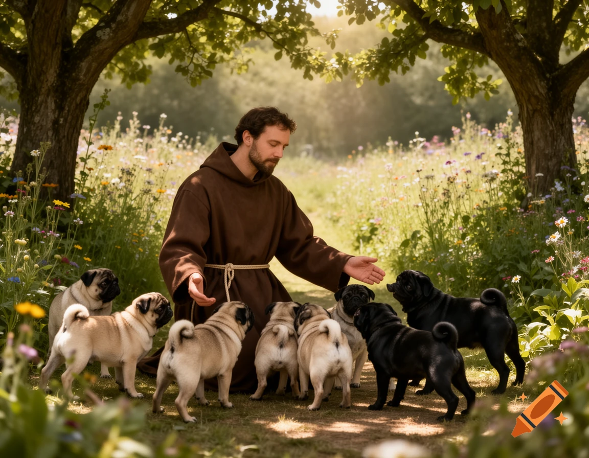 A man resembling St. Francis in a brown robe sits in a sunlit field, surrounded by several fawn and black pugs.