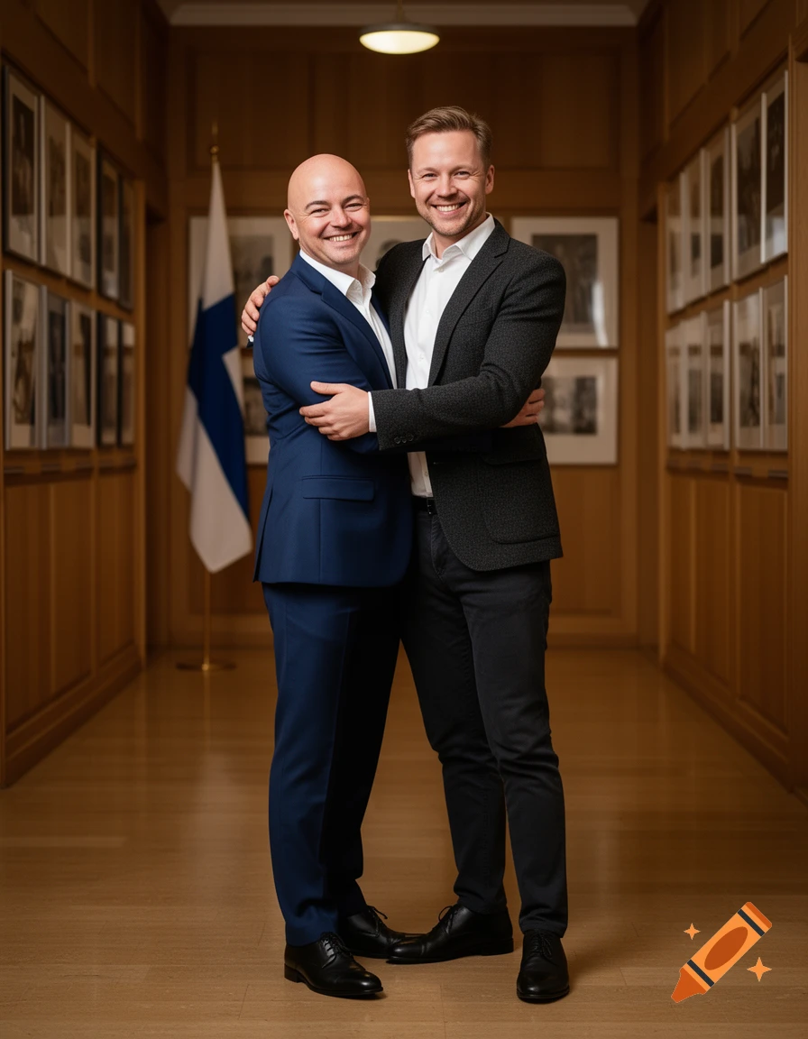 Two smiling men in formal suits embrace in a sophisticated wood-paneled hall with a Finnish flag.