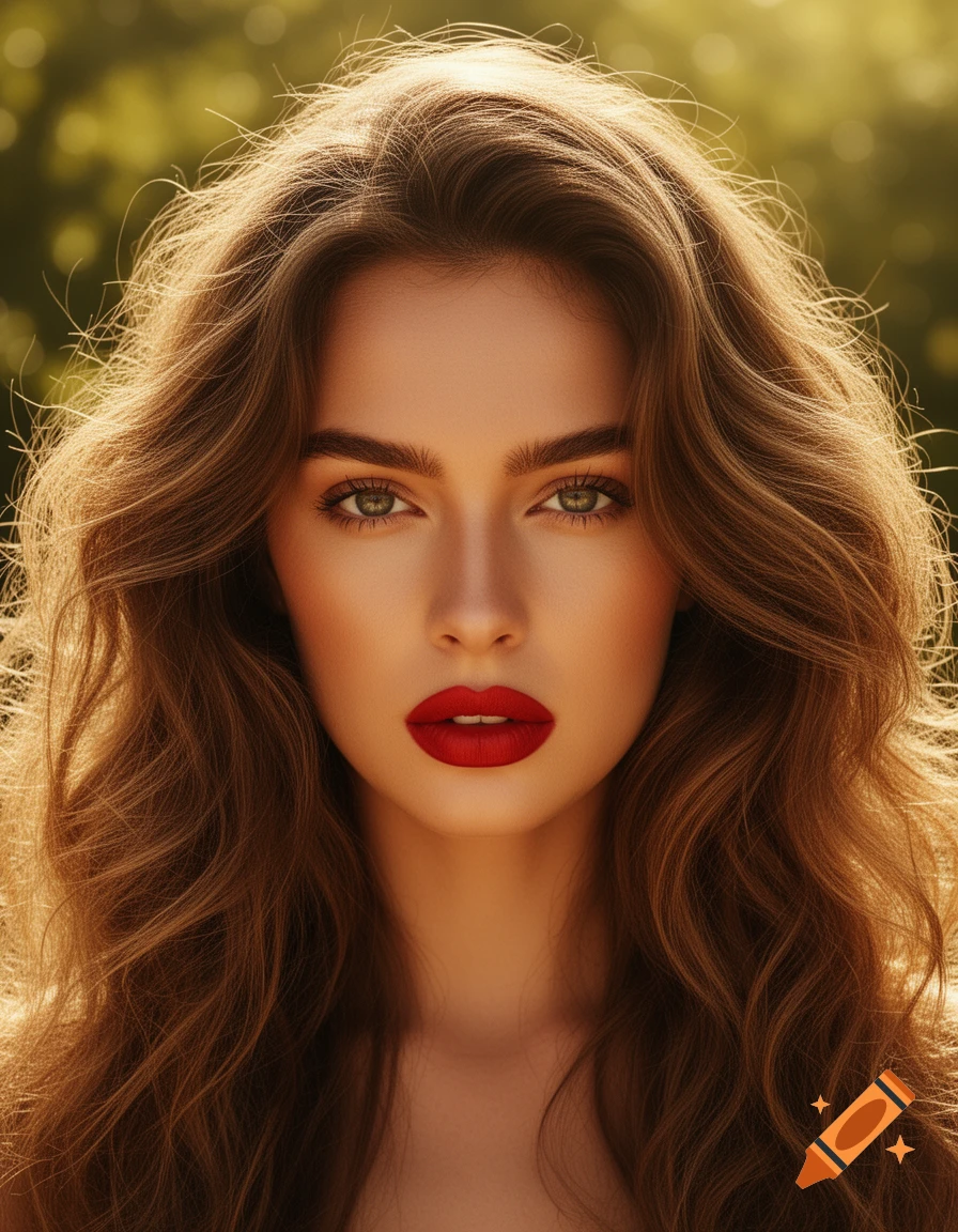 A close-up photorealistic portrait of a woman with long wavy brown hair, green eyes, and red lipstick, against a blurred green background.