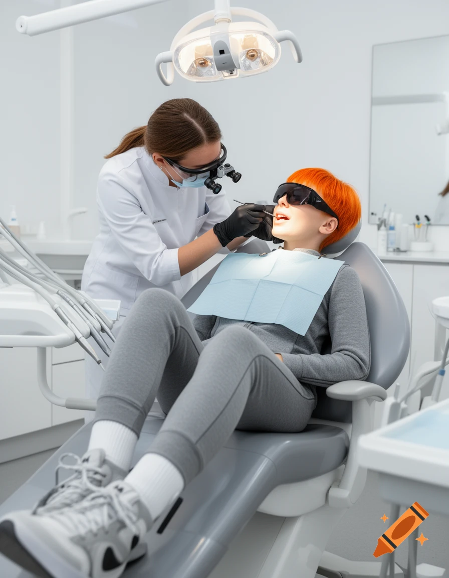 A dentist wearing loupes and mask examines a patient with orange hair and sunglasses in a dental chair.