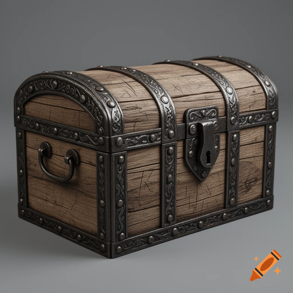 A closed wooden medieval treasure chest with ornate dark metal straps, studs, and a central lock, on a neutral gray background in a realistic style.