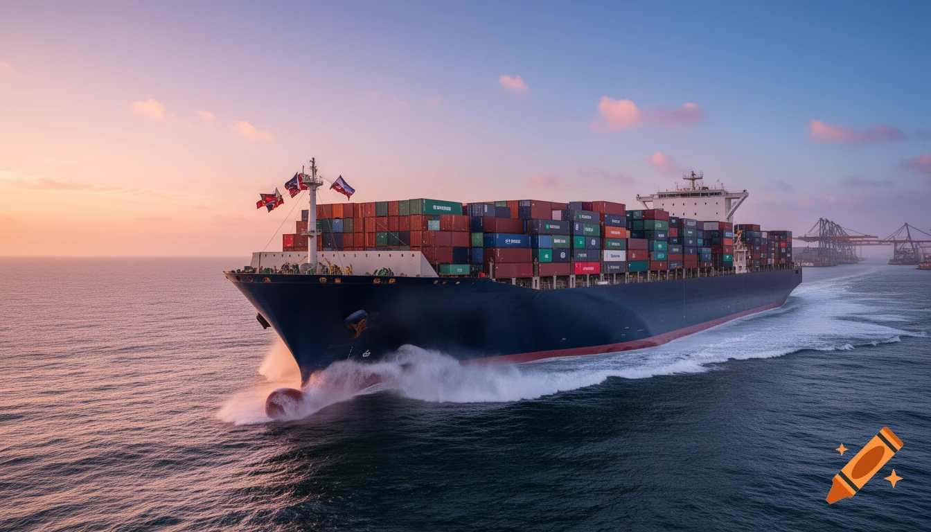 A massive container ship cuts through the ocean waters at sunset, laden with colorful shipping containers, with port cranes in the distant background. Photorealistic style.