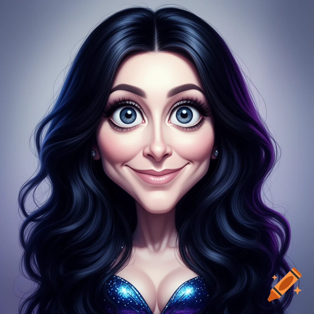 Cartoon caricature of Cher with large blue eyes, long dark hair, and a sparkly blue top, smiling.