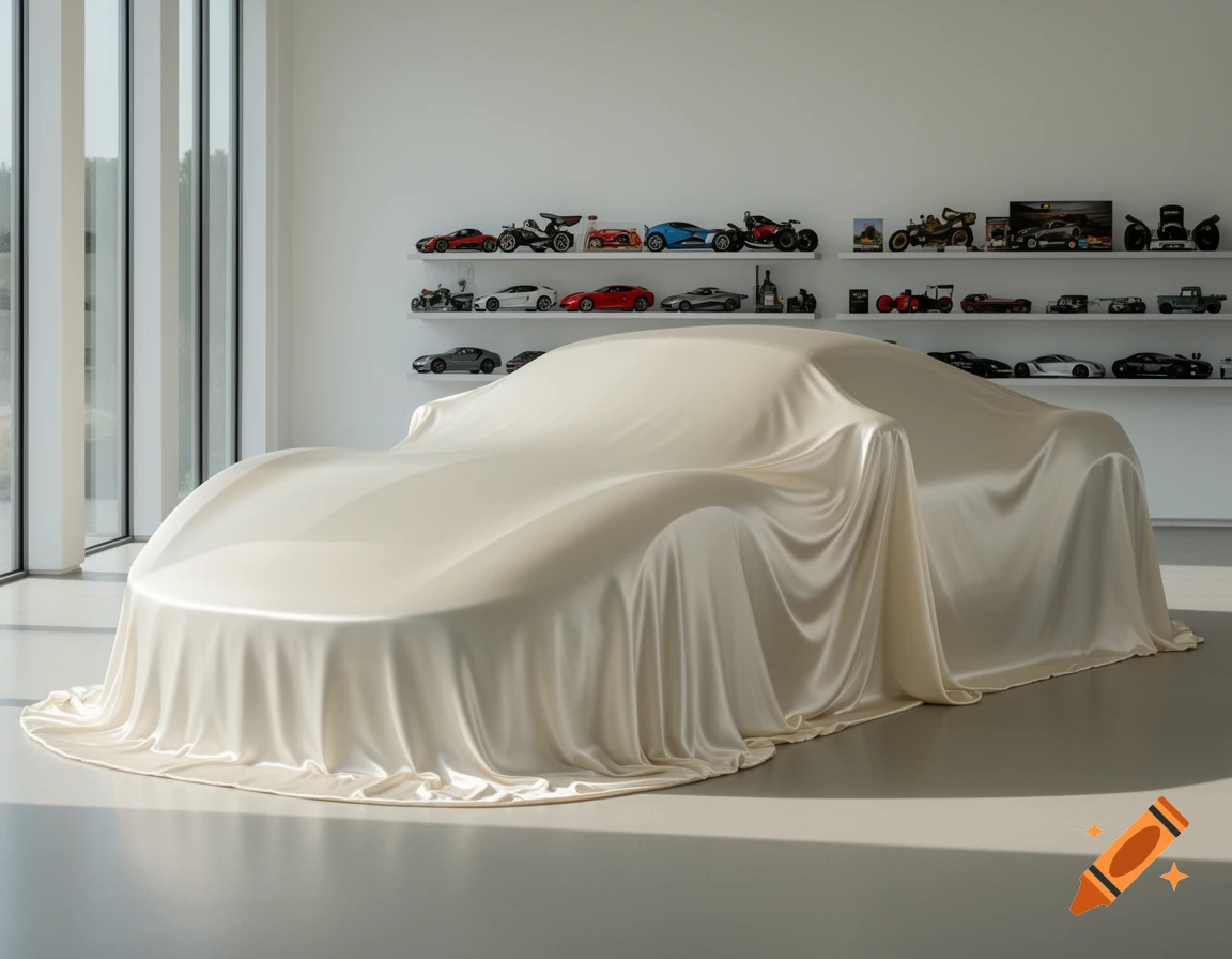 A sleek car covered with a light silk sheet in a minimalist showroom with shelves of model cars.