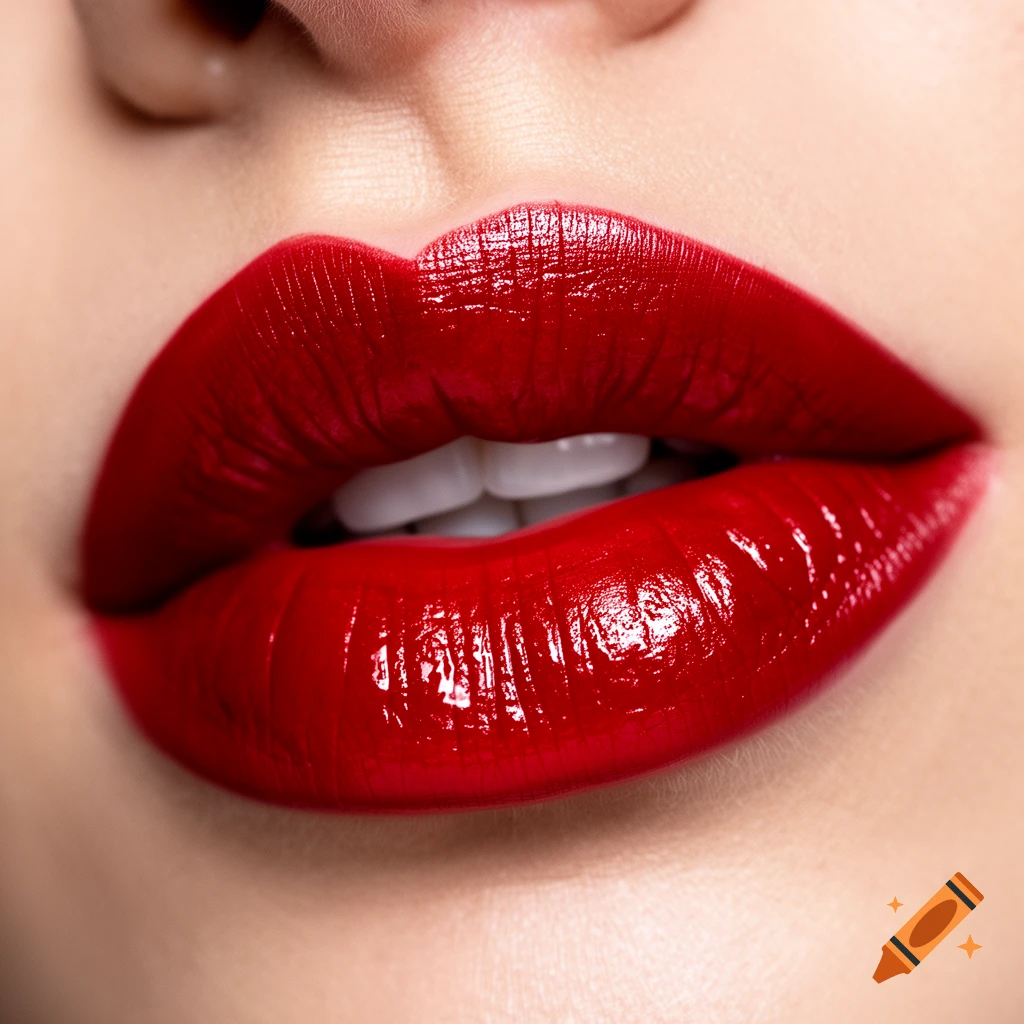 Close-up of glossy red lips, slightly parted, showing white teeth, photorealistic.