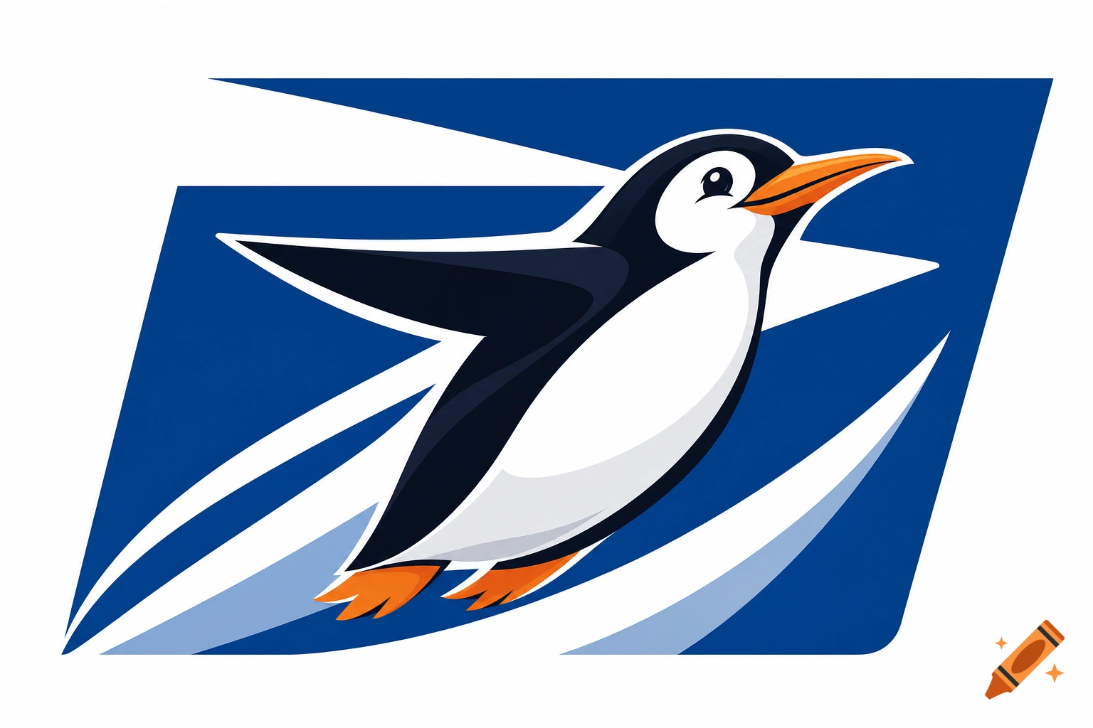 A stylized cartoon penguin in a logo, with black, white, and orange, against a blue and white abstract background.