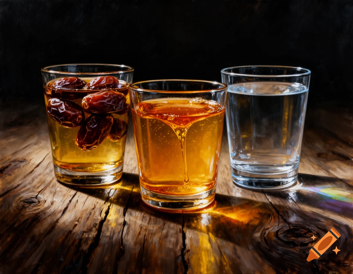 Three oil-painted glasses on a wooden table; one with dates in amber liquid, one with honey dripping, and one with clear water.