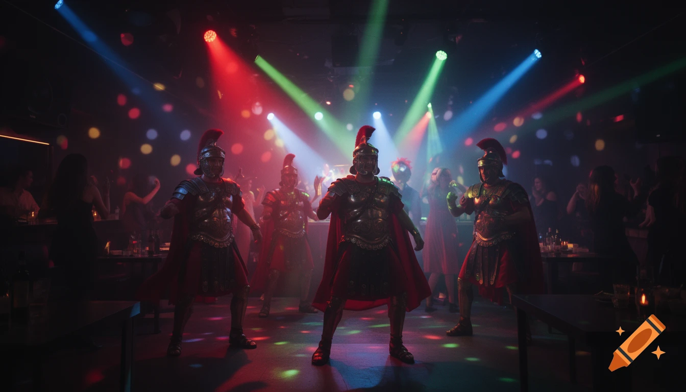 Ancient Roman soldiers in armor and red capes dance in a dark club lit by colorful disco lights, with other club-goers silhouetted in the background.