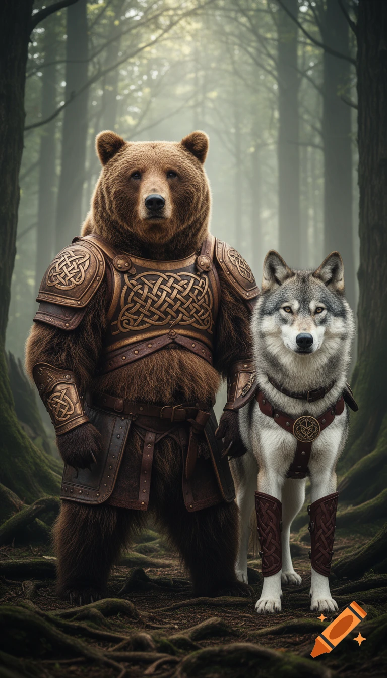 A powerful anthropomorphic brown bear in ornate Norse Viking armor stands next to a majestic wolf with matching gear in a misty forest.