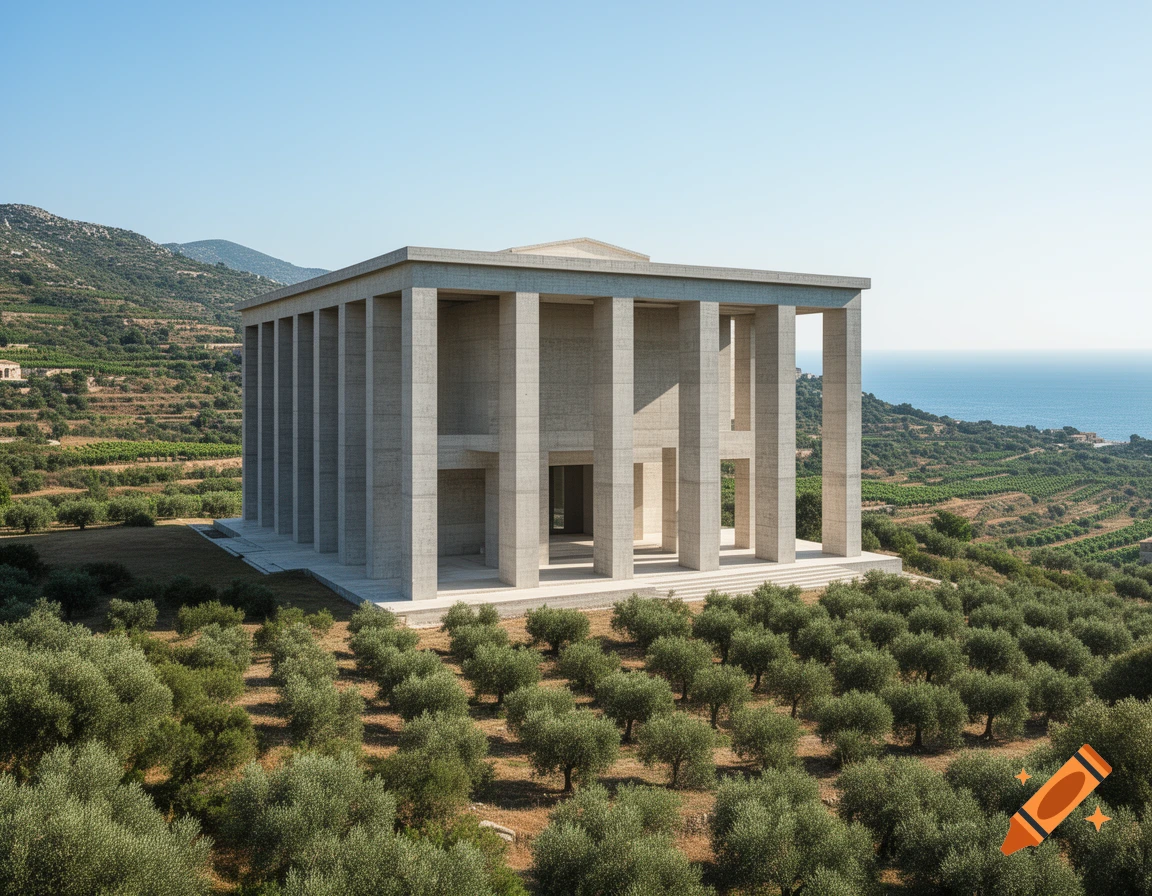 A modern Brutalist building resembling a Greek temple stands among olive groves on a hillside overlooking the Mediterranean Sea under a clear sky.
