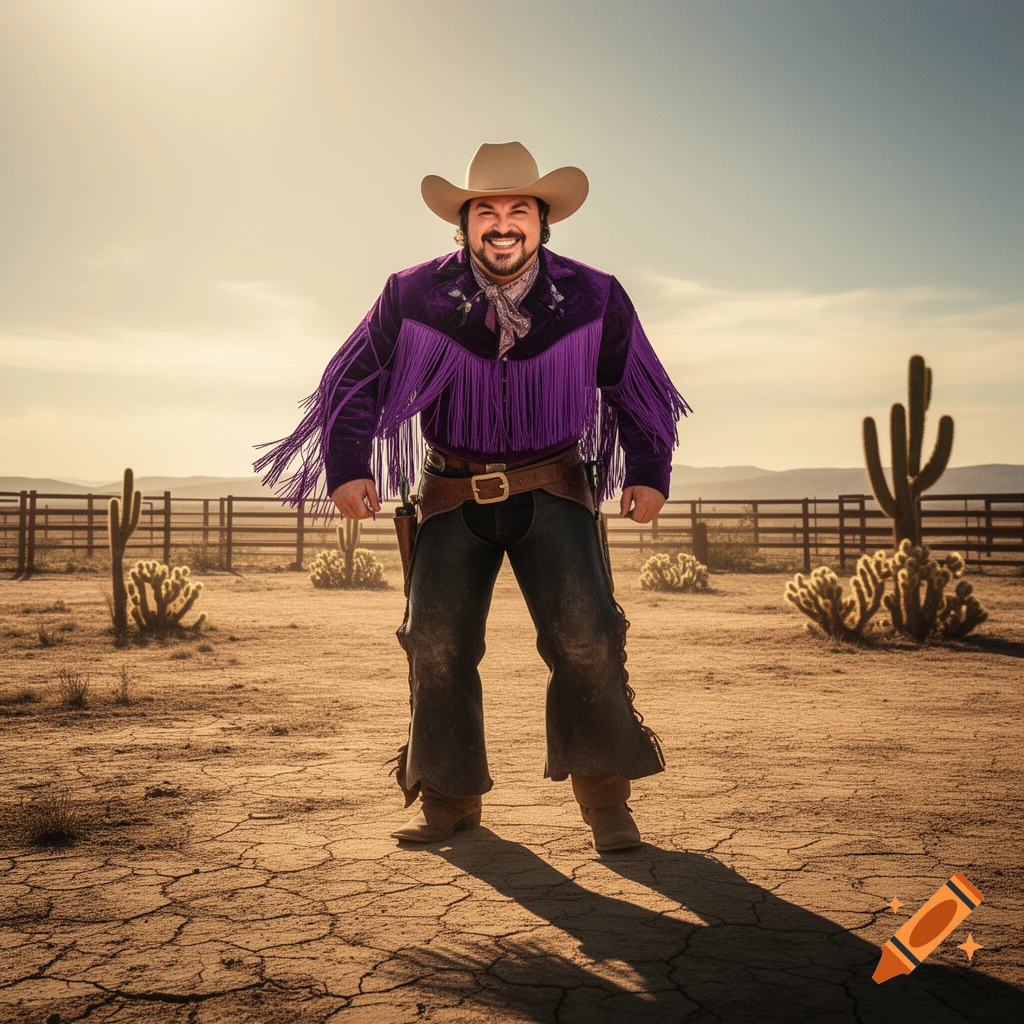 Photorealistic Jack Black as Alameda Slim, wearing a purple fringed shirt and cowboy hat, smiling in a sunny desert landscape with cacti.