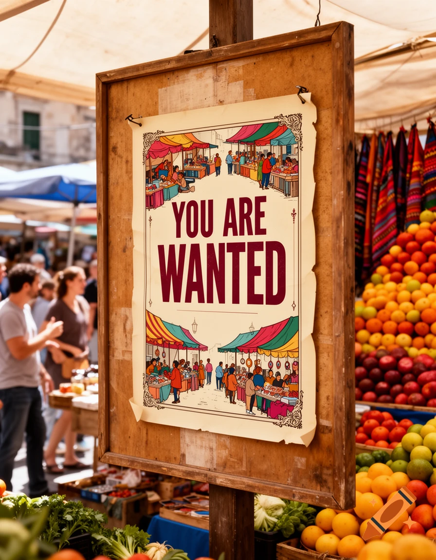A poster reading 'YOU ARE WANTED' on a wooden board at a bustling outdoor market with colorful produce.