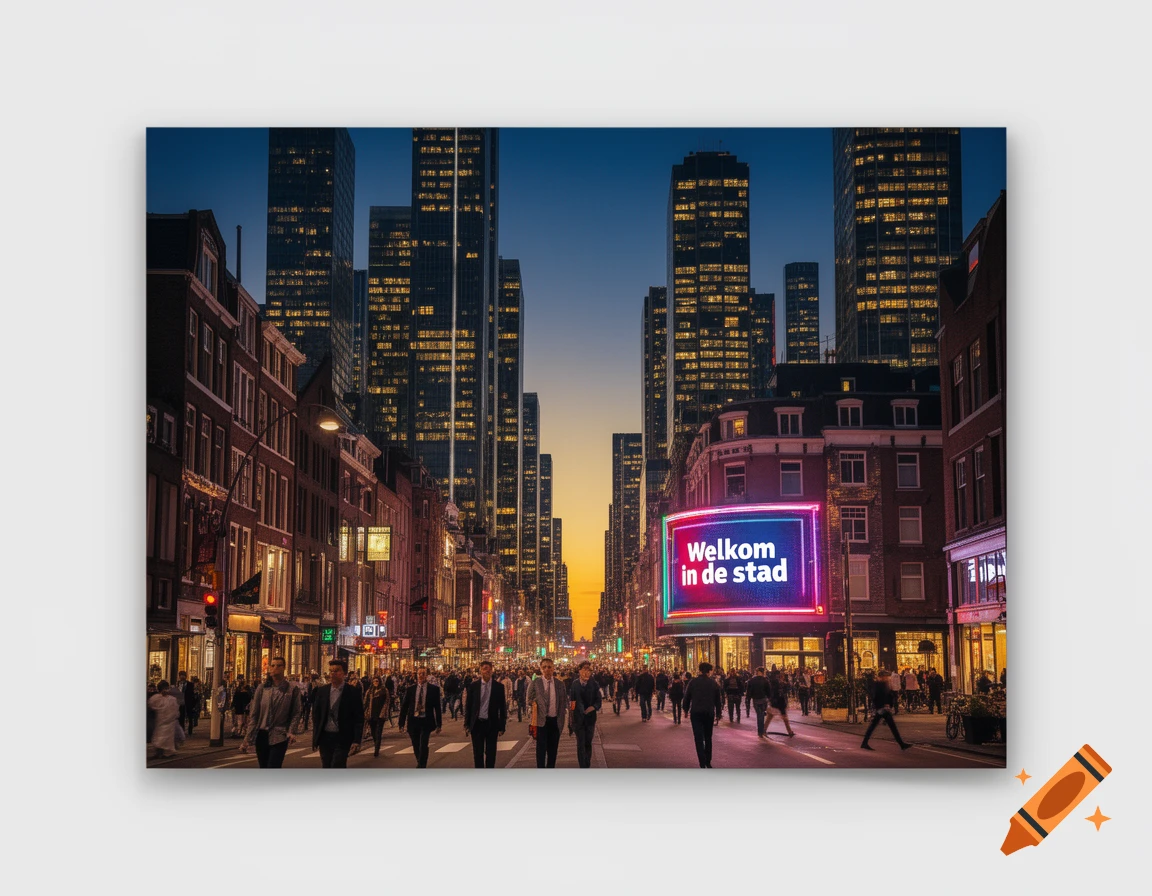 A bustling city street at dusk, with pedestrians, tall buildings, and a bright neon sign saying 'Welkom in de stad'.