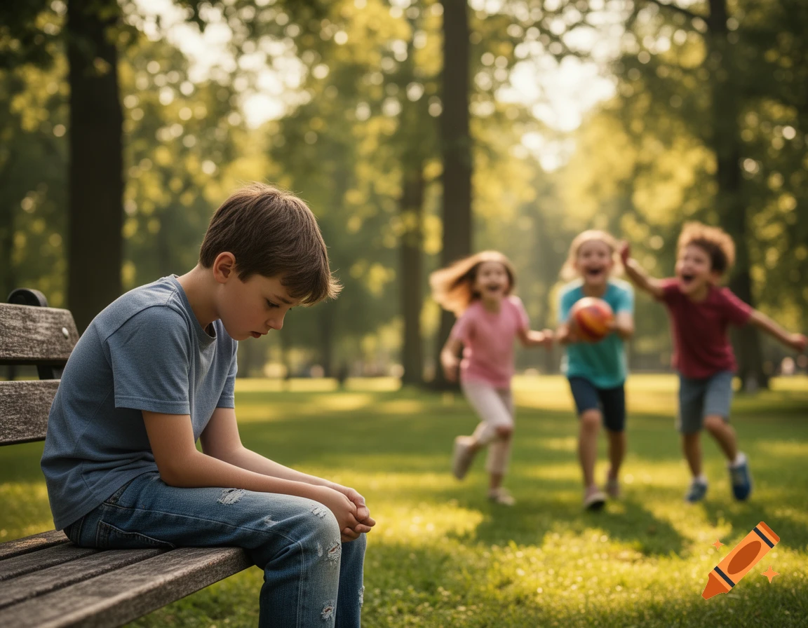 A sad boy sits alone on a park bench, looking down, while three blurred children play happily in the sunny background.