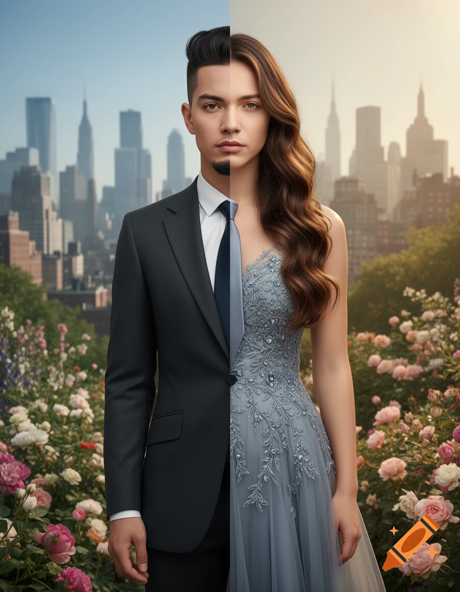 Photorealistic portrait of a person split vertically, half male in a suit, half female in a dress, against a city and garden.