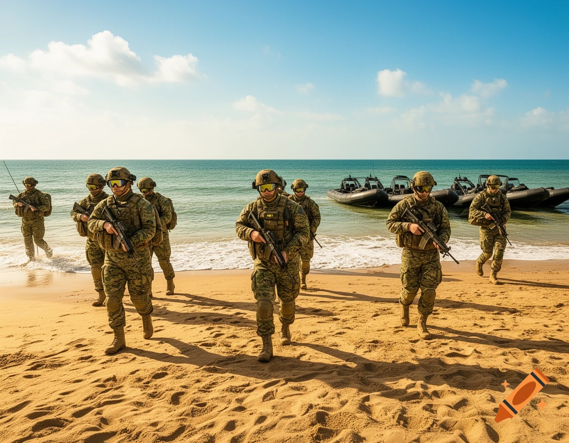 Photorealistic image of armed military soldiers in camouflage walking on a sunny beach with tactical boats in the background.