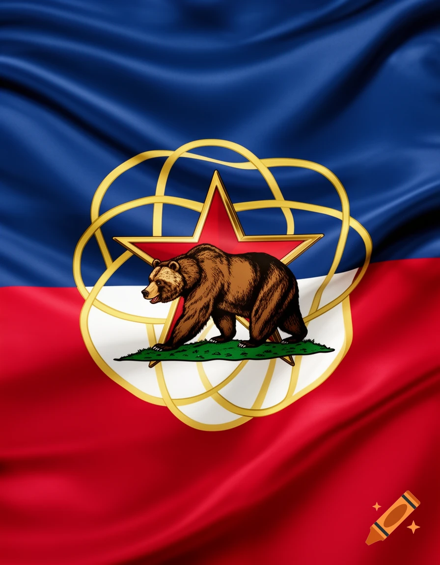 A waving flag with a blue top and red bottom, featuring a brown bear on grass in front of a red star and golden rings.