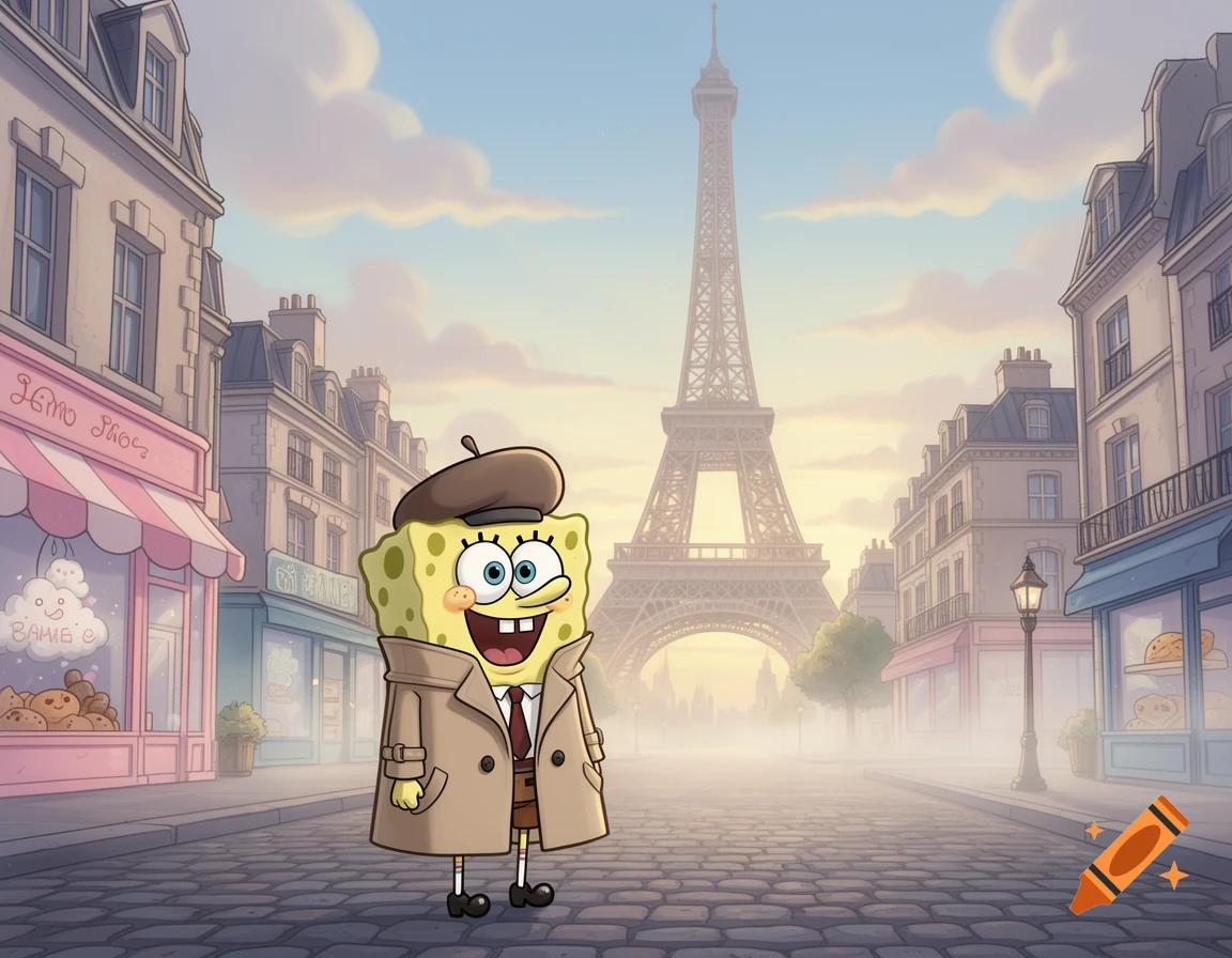 Spongebob Squarepants in a trench coat and beret stands on a cobblestone street in Paris, with the Eiffel Tower in the misty background.