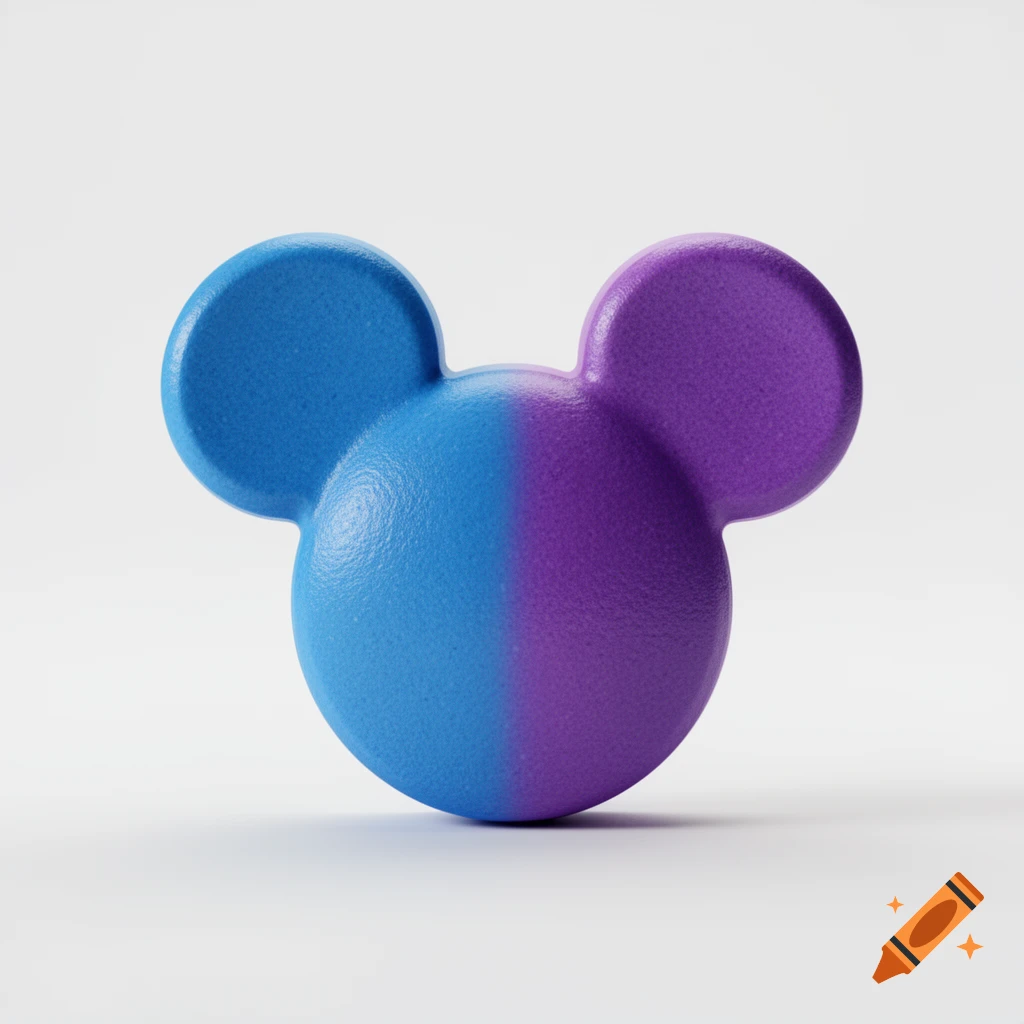 A Mickey Mouse head-shaped object, split vertically into a blue half and a purple half, on a white background.