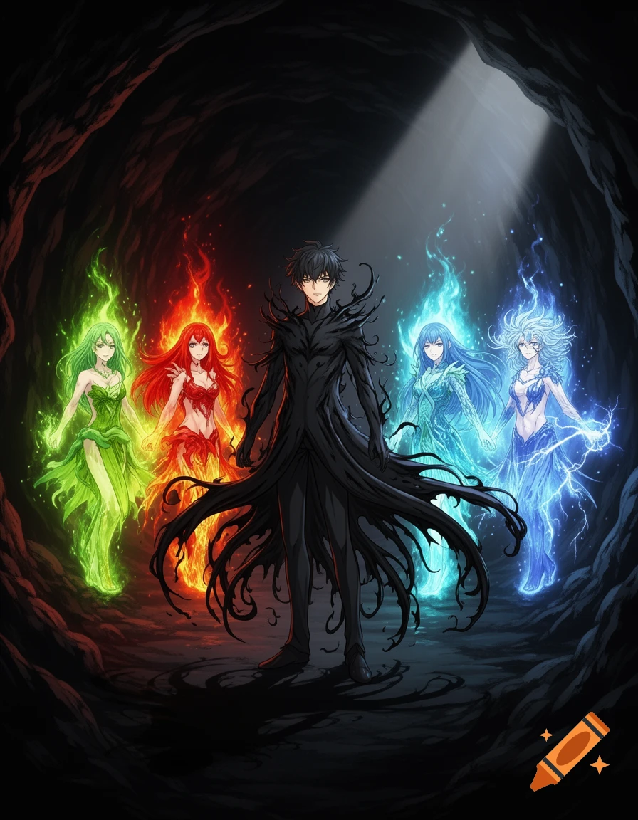 Anime character with a black aura stands in a dark cave, surrounded by four glowing elemental women representing earth, fire, water, and lightning.