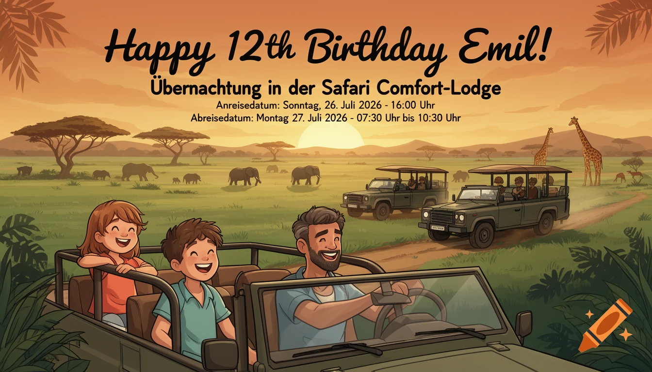 Cartoon family, including a father and two children, smiling in a safari jeep, with elephants and giraffes in an African savanna landscape at sunset. Text reads: "Happy 12th Birthday Emil! Übernachtung in der Safari Comfort-Lodge" with date and time details.