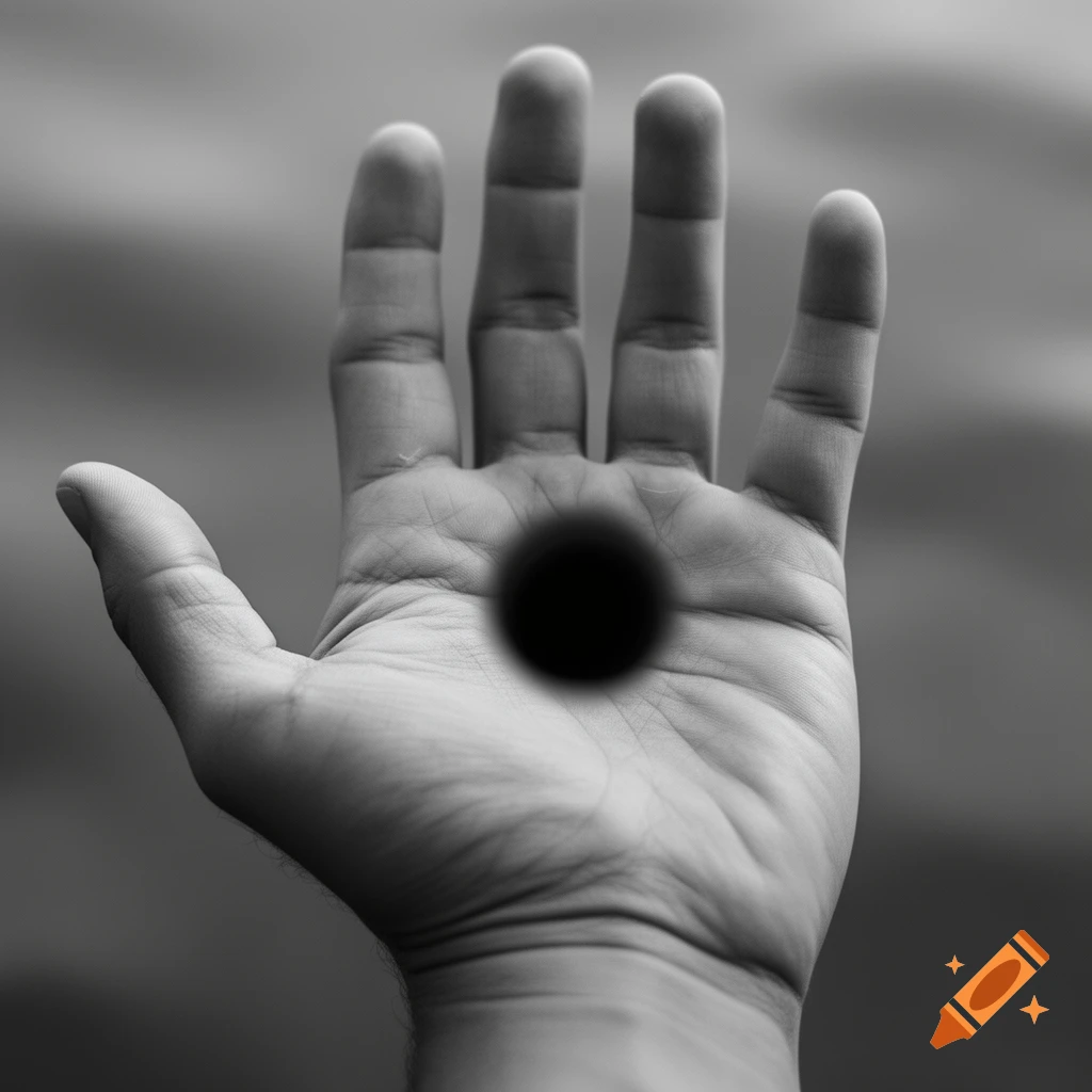 Close-up of a photorealistic grayscale hand with a deep black void in its open palm.