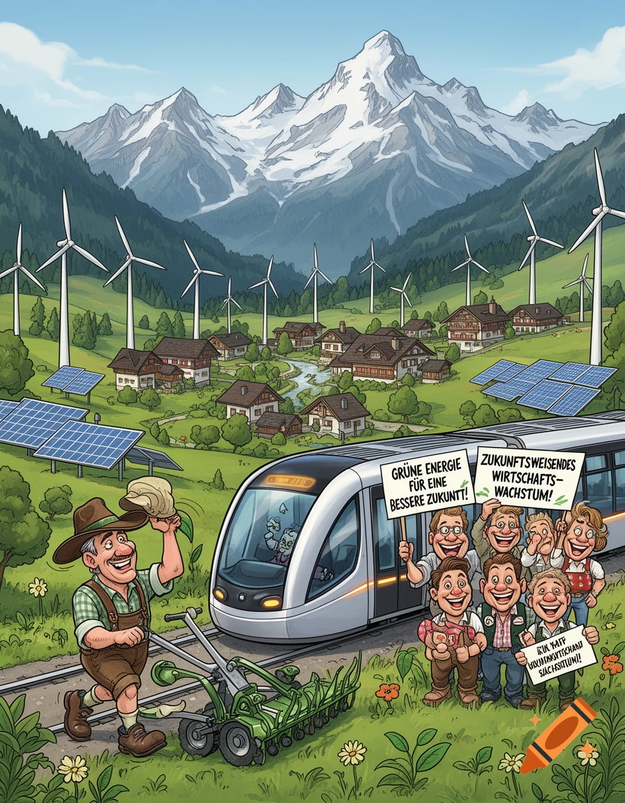 A vibrant cartoon depicting a sustainable Alpine valley with snow-capped mountains. A farmer with a small tractor waves to a modern train. People on the train hold signs advocating for green energy, economic growth, and a better future. Wind turbines and solar panels dot the green hills around traditional Swiss chalets.
