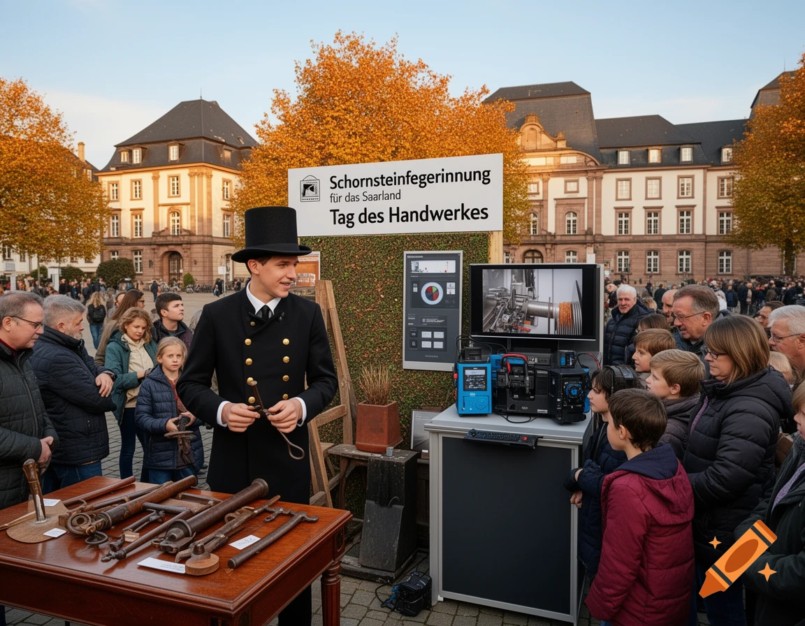 A young chimney sweep in a black uniform presents tools at an outdoor exhibition stand to a crowd, with historic buildings and autumn trees in the background.
