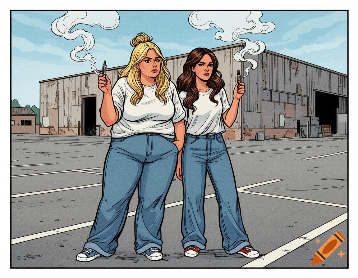 Two disgruntled women in comic book style stand in a parking lot, vaping in front of a warehouse.