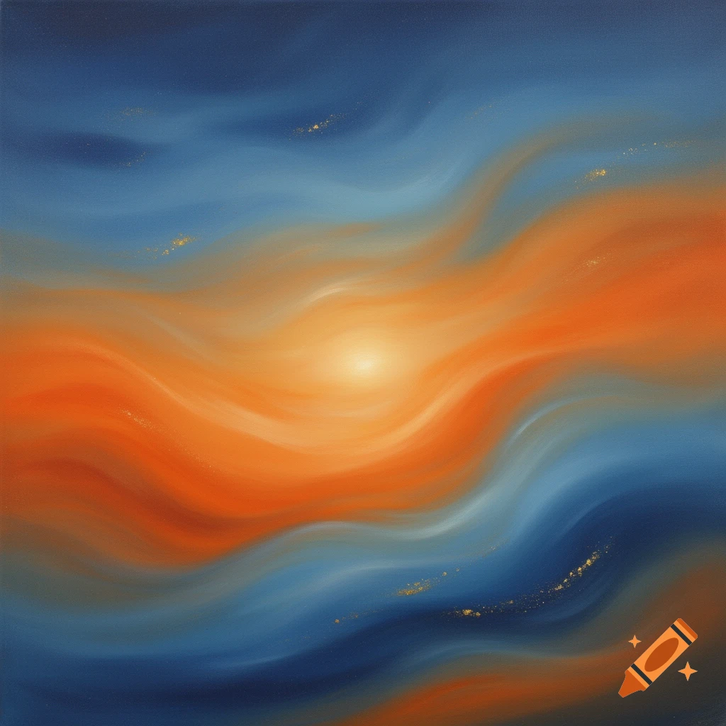 Abstract painting with swirling orange and blue colors, a central bright glow, and subtle golden flecks.