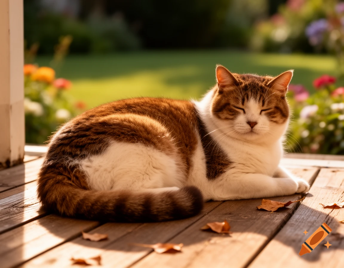 A fluffy brown and white cat with closed eyes peacefully rests on a wooden porch in warm sunlight, with a green garden in the blurred background.