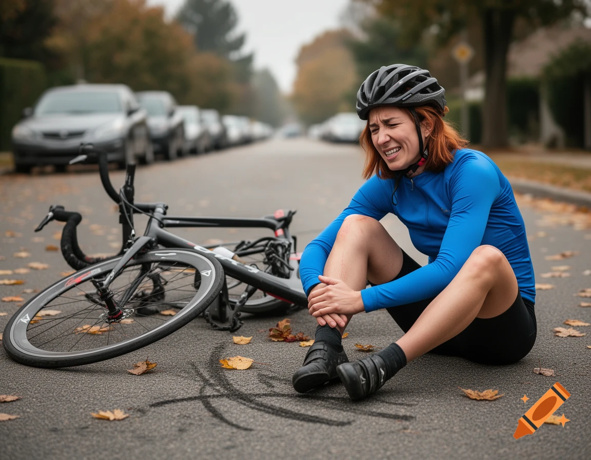 A female cyclist in a blue top and helmet sits on an autumn road next to her fallen bike, holding her leg in pain after an accident.