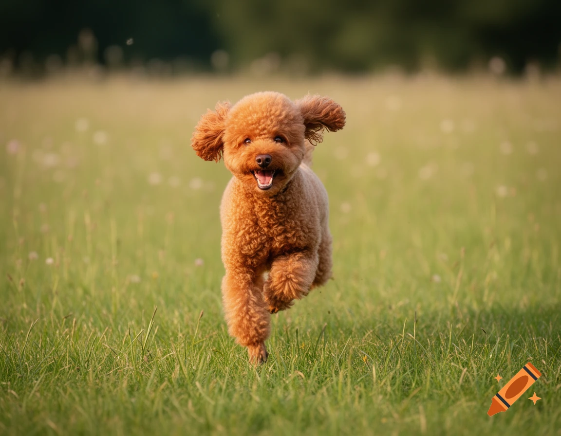 An apricot brown poodle happily running through a lush green grass field.